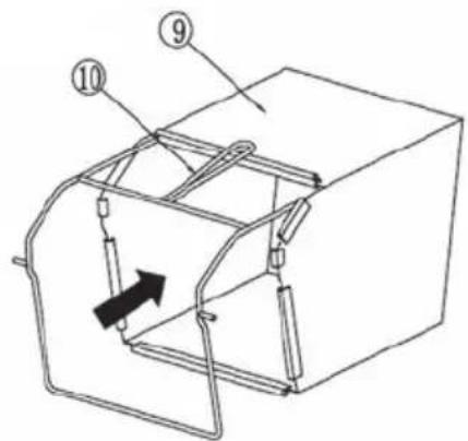 Technical diagram of a mechanical device with numbered components and directional arrow indicating motion or force