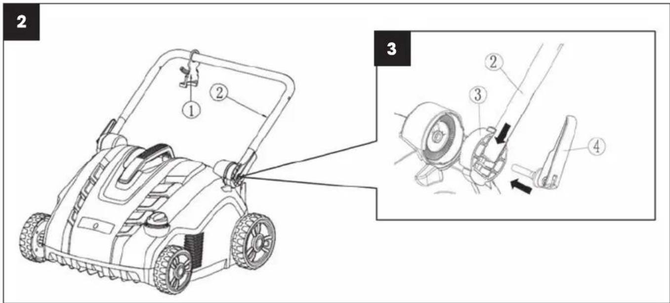 Technical diagram of a lawn mower with labeled parts and exploded view showing mechanical assembly steps