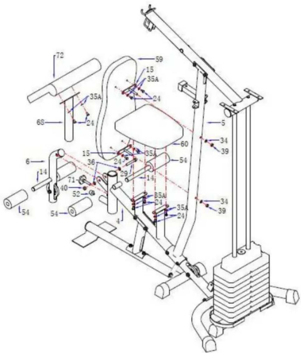 Technical diagram of a mechanical exercise machine with numbered components and labeled parts (e.g., 35A, 60, 71)