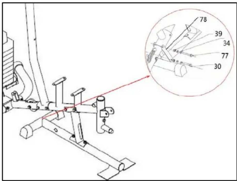 Technical diagram of a mechanical assembly with numbered parts and an inset magnified view highlighting specific components.