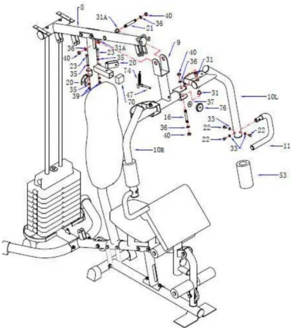 Technical diagram of a mechanical exercise machine with numbered components and labeled parts