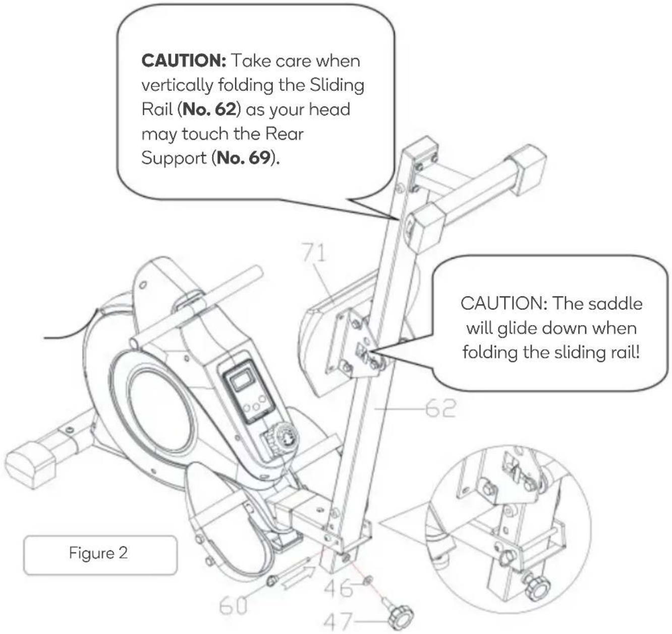 CAUTION: Take care when vertically folding the Sliding Rail (No. 62) as your head may touch the Rear Support (No. 69). CAUTION: The saddle will glide down when folding the sliding rail! Figure 2