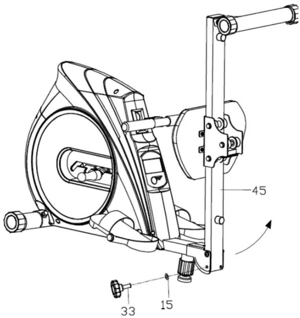Technical diagram of a mechanical exercise machine with labeled parts and motion indicators