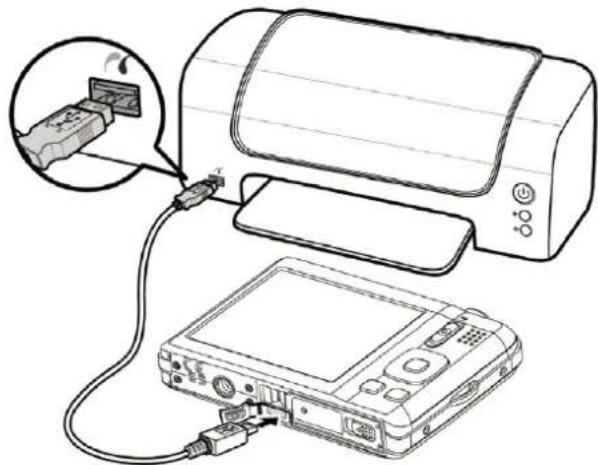Diagram showing a printer connected to a digital device via cable, with an inset close-up of the device's cable being inserted (no text or symbols present)