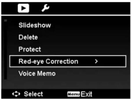 Slideshow Delete Protect Red-eye Correction > Voice Memo Select Menu Exit