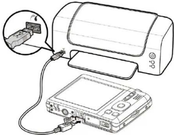 Diagram showing a printer connected to a digital device via cable, with an inset close-up of the device's cable (no text or symbols present)