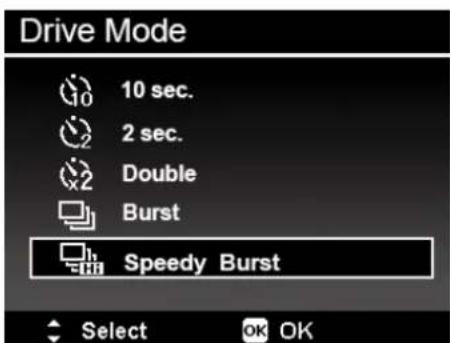 Drive Mode 10 sec. 2 sec. Double Burst Speedy Burst Select OK OK