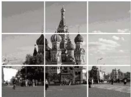 Black-and-white collage of St. Basil's Cathedral in Moscow, showing its iconic spires and surrounding urban street scene (no visible text or symbols)