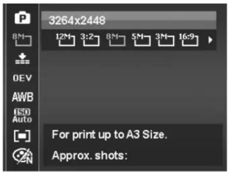 3264x2448 8M 12M 3:2 8M 5M 3M 16:9 DEV AWB ISO Auto For print up to A3 Size. Approx. shots: