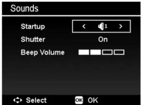 Sounds Startup < 1 > Shutter On Beep Volume Select OK OK