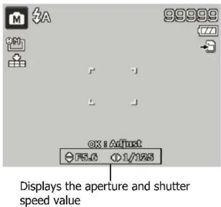 99999 OK : Adjust F5.6 1/123 Displays the aperture and shutter speed value