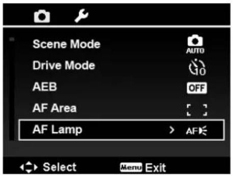 Scene Mode Drive Mode AEB AF Area AF Lamp > AF Select Menu Exit