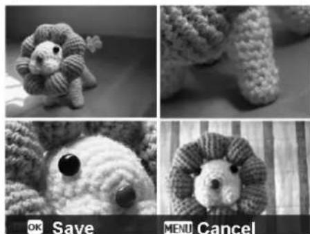 Four-panel black-and-white photo collage showing knitted sheep toys, with 'OK Save' and 'MENU Cancel' buttons below (no text on main subjects)