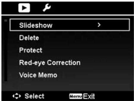 Slideshow Delete Protect Red-eye Correction Voice Memo Select Menu Exit