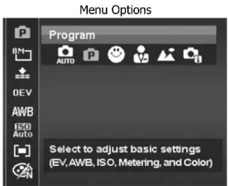 Menu Options Program Select to adjust basic settings (EV, AWB, ISO, Metering, and Color)
