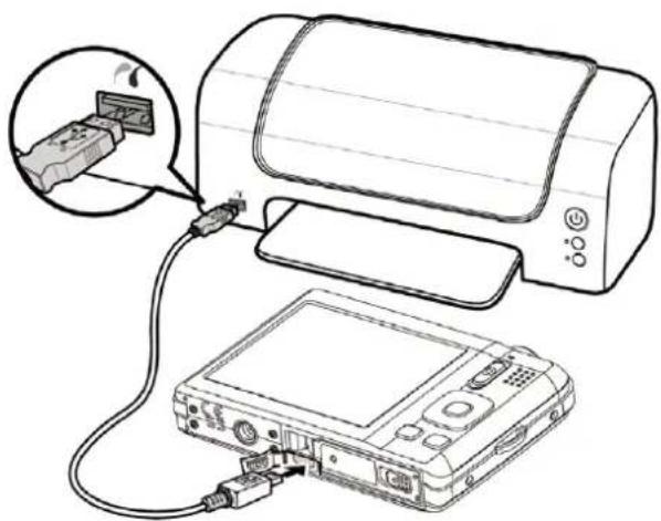 Line drawing of a printer connected to a digital device via cable, with an inset showing a close-up of the device's cable (no text or symbols present)