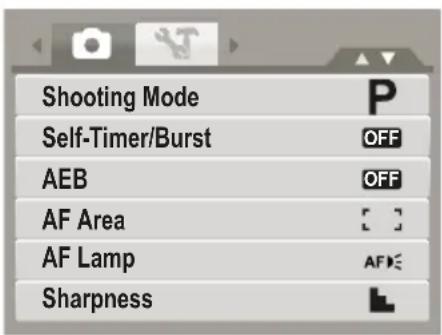 Shooting Mode Self-Timer/Burst AEB AF Area AF Lamp Sharpness