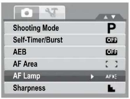 Shooting Mode Self-Timer/Burst AEB AF Area AF Lamp Sharpness
