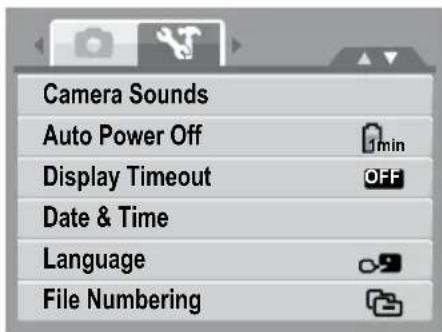 Camera Sounds Auto Power Off Display Timeout Date & Time Language File Numbering