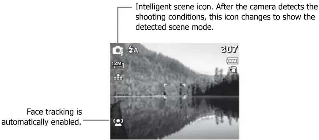 Intelligent scene icon. After the camera detects the shooting conditions, this icon changes to show the detected scene mode. Face tracking is automatically enabled.