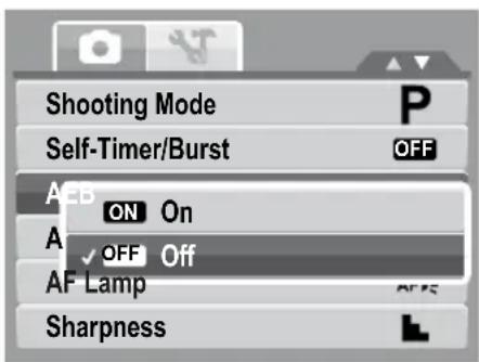 Shooting Mode Self-Timer/Burst OFF A+B ON On A OFF Off AF Lamp Sharpness