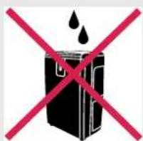 Prohibition sign with red X and downward arrow over a black box containing water droplets