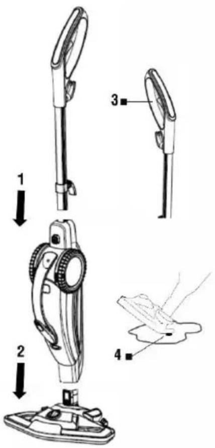Technical diagram of a vacuum cleaner with labeled parts and directional arrows indicating assembly steps.