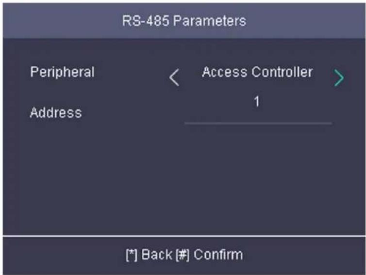 RS-485 Parameters Peripheral Address < Access Controller > 1 [*] Back [#] Confirm