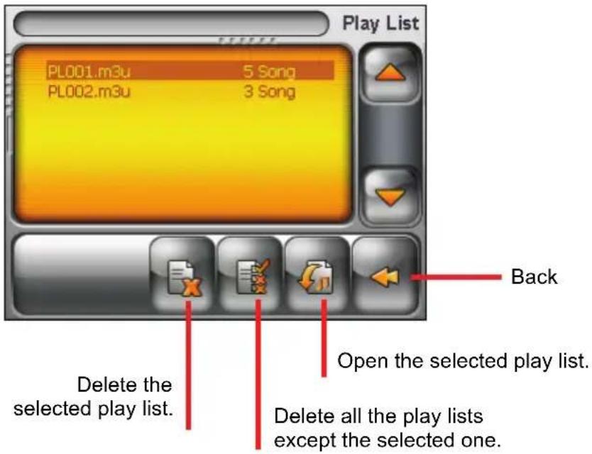 Play List PL001.m3u 5 Song PL002.m3u 3 Song Back Delete the selected play list. Open the selected play list. Delete all the play lists except the selected one.
