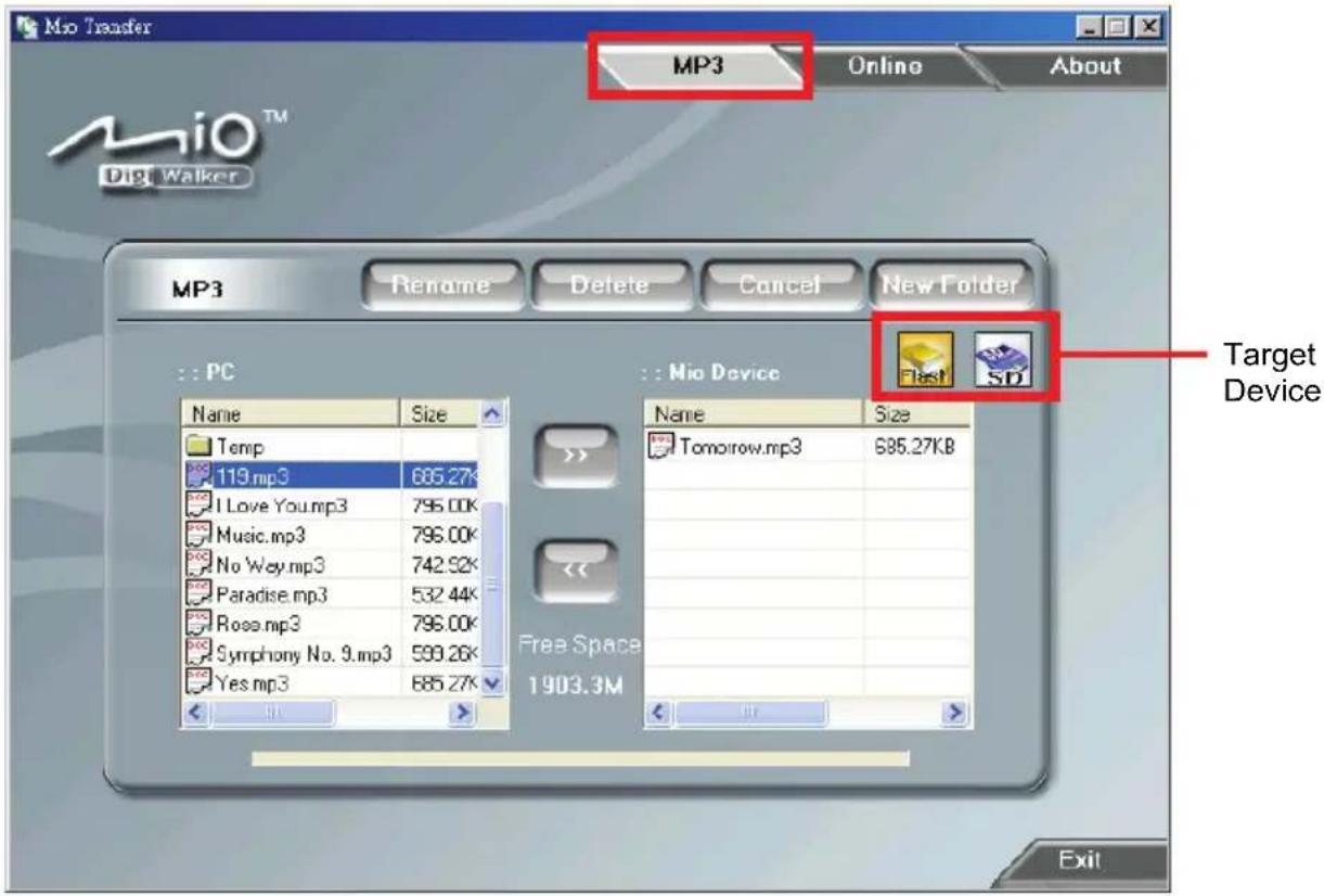 Mio Transfer MP3 Online About MiO™ Digi Walker MP3 Rename Delete Cancel New Folder : PC Name Size Temp 119.mp3 685.27K I Love You.mp3 795.00K Music.mp3 795.00K No Way.mp3 742.92K Paradise.mp3 532.44K Rose.mp3 795.00K Symphony No. 9.mp3 599.26K Yes.mp3 685.27K : Nio Device Name Size Tomorrow.mp3 685.27KB Target Device Free Space 1903.3M Exit