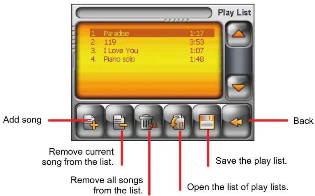 Play List 1. Paradise 1:17 2. 119 3:53 3. I Love You 1:07 4. Piano solo 1:48 Add song Remove current song from the list. Remove all songs from the list. Back Save the play list. Open the list of play lists.