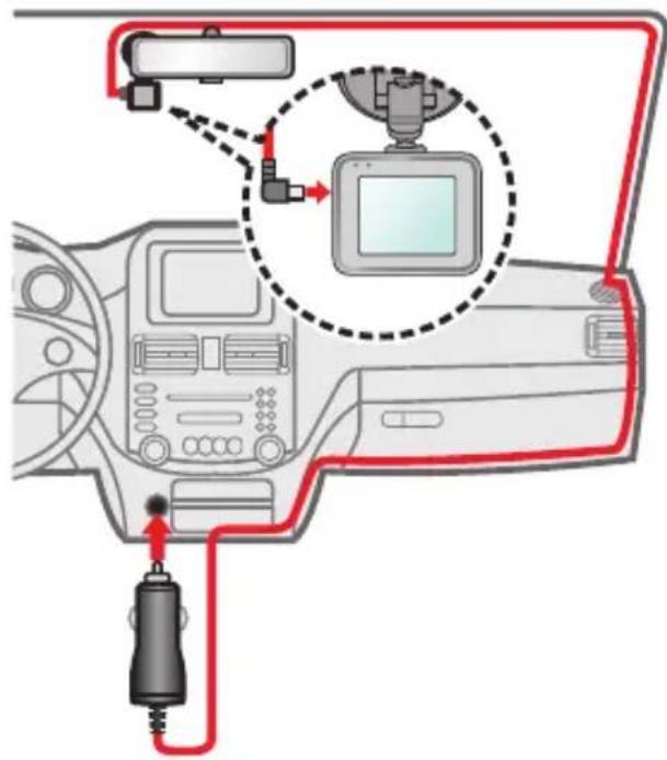 Diagram showing car dashboard connected to a monitor and cable, with red wiring and signal paths indicating connection details.