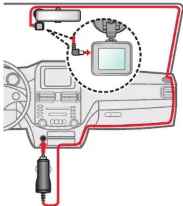 Diagram showing car dashboard connected to a monitor and cable, with red wiring and signal paths indicating connection details.