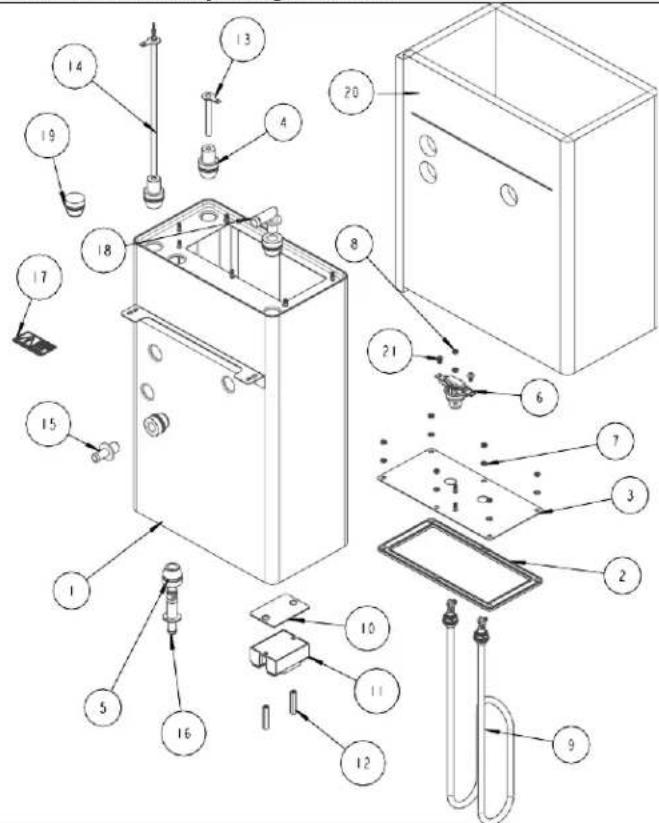 Exploded view diagram of a refrigerator with numbered parts for identification and assembly reference.