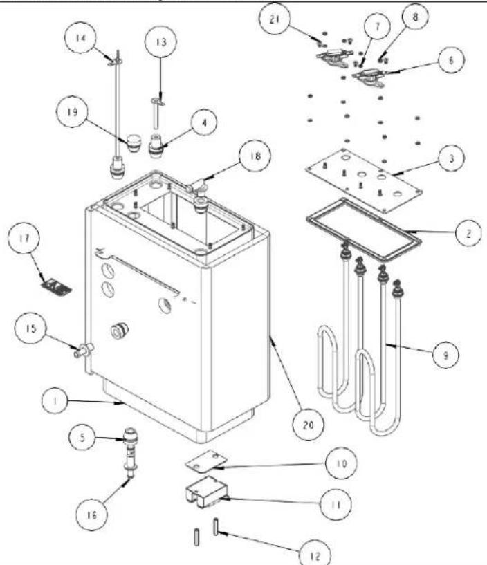 Exploded view diagram of an electrical enclosure with numbered components and internal structure annotations