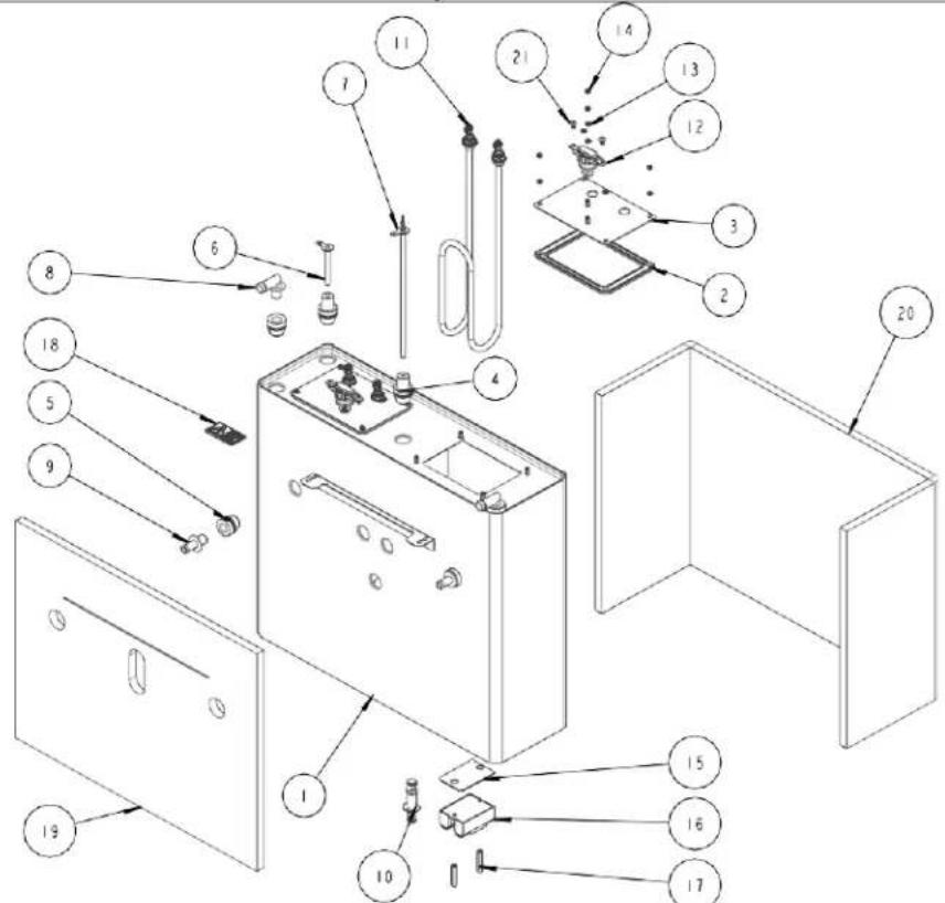 Exploded view diagram of a refrigerator with numbered parts for identification