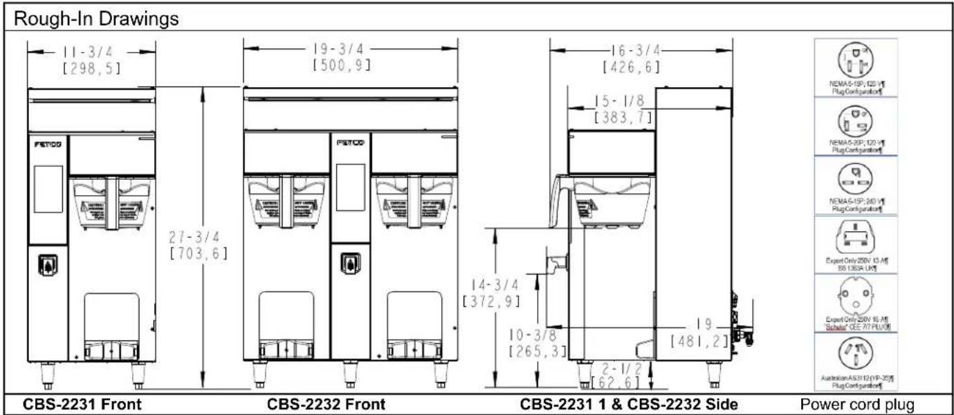Rough-In Drawings 11-3/4 [298,5] 19-3/4 [500,9] 16-3/4 [426,6] 27-3/4 [703,6] 15-1/8 [383,7] 14-3/4 [372,9] 10-3/8 [265,3] 19 [481,2] CBS-2231 Front CBS-2232 Front CBS-2231 1 & CBS-2232 Side Power cord plug FETCO NEMA5-ISP, I25 V# Plug Configuration# NEMA5-SP, I25 V# Plug Configuration# NEMA5-ISP, I25 V# Plug Configuration# Export Only 250V 43 M# SS 130A UK# Export Only 250V 16 M# Schematic GEE 27 PLUG# Australian A5311 (VP-25V) Plug Configuration#