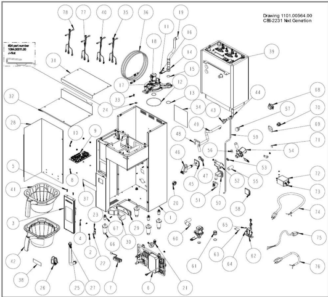 Drawing 1101.00564.00 CBS-2231 Next Generation #24 part number 1084.00011.00 J-Nut 78 77 40 35 36 19 11 16 18 14 15 12 39 31 32 28 10 9 5 41 3 42 38 26 25 27 7 65 63 64 62 61 60 61 66 30 29 23 22 37 33 24 17 13 44 68 70 69 71 59 54 53 52 55 58 55 51 47 46 48 49 43 34 49 46 45 20 1 58 72 73 74 75 76