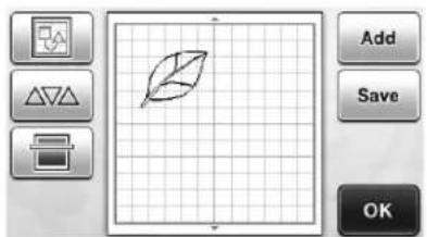 Screenshot of a software interface showing a grid-based drawing with a leaf icon, alongside control buttons for Add, Save, and OK.