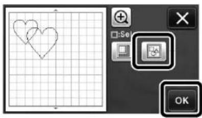Screenshot of a graphic editing interface showing two heart shapes on grid paper, with OK button and toolbar buttons visible.