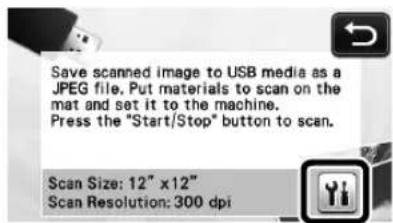 Save scanned image to USB media as a JPEG file. Put materials to scan on the mat and set it to the machine. Press the "Start/Stop" button to scan. Scan Size: 12" x12" Scan Resolution: 300 dpi