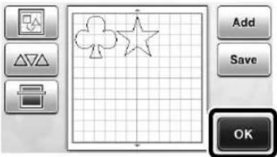 Screenshot of a software interface showing a grid with three geometric shapes: a clover, a star, and a document icon, alongside control buttons labeled 'Add', 'Save', and 'OK'.