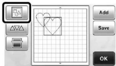 Screenshot of a graphic editing software interface showing a grid with two heart shapes and control buttons labeled Add, Save, and OK.