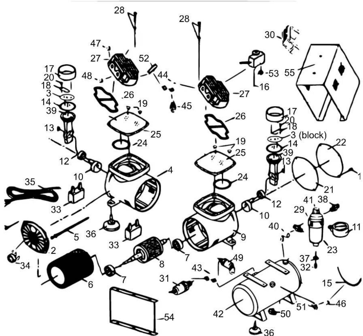 Exploded view diagram of a device with numbered components and labeled parts, including a highlighted component (block)