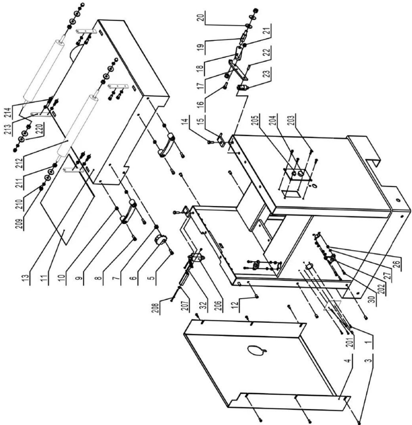 Technical schematic diagram of a mechanical assembly with numbered components and labeled parts