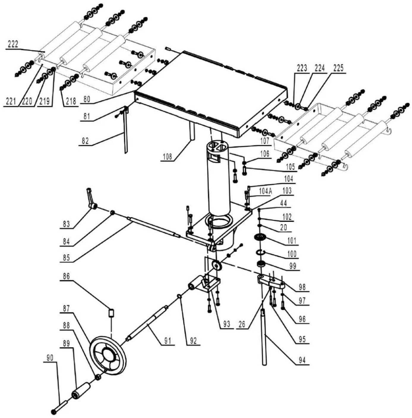 Technical diagram of a mechanical assembly with numbered components and labeled parts