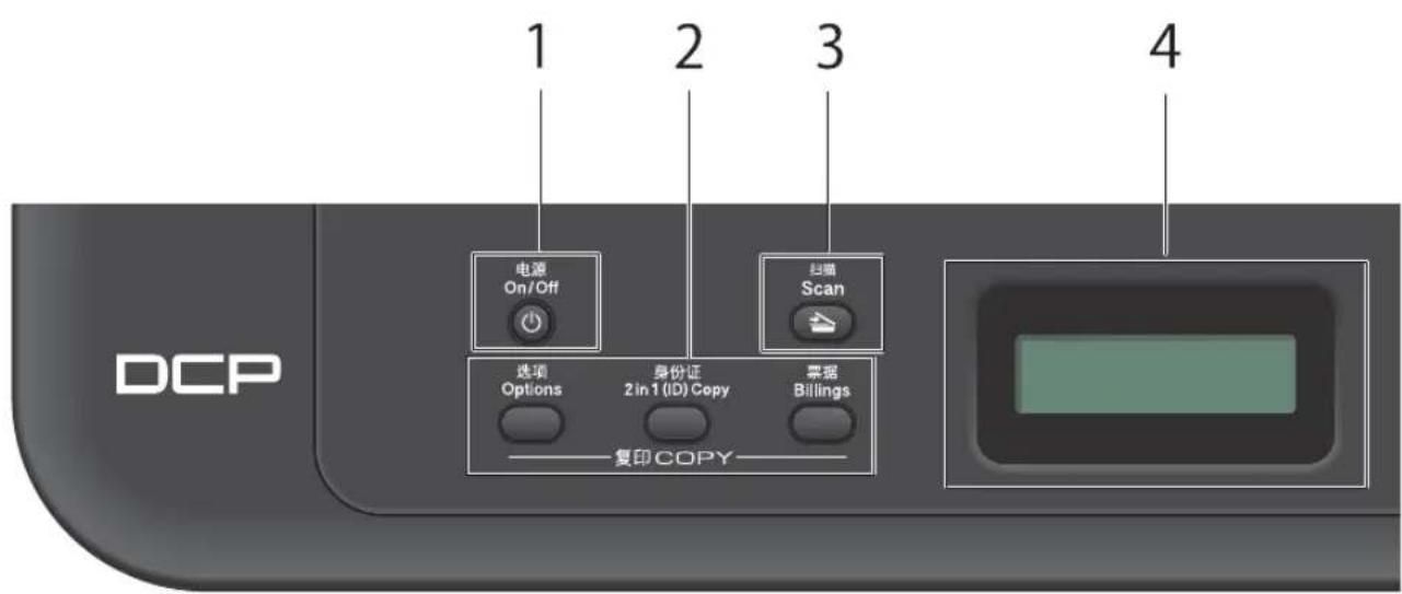 DCP 1 2 3 4 电源 On/Off 扫描 Scan 选项 Options 身份证 2in 1 (ID) Copy 票据 Billings —复印 COPY—