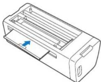 Line drawing of a rectangular electronic device casing with internal compartments and a blue arrow indicating a component (no text or symbols)