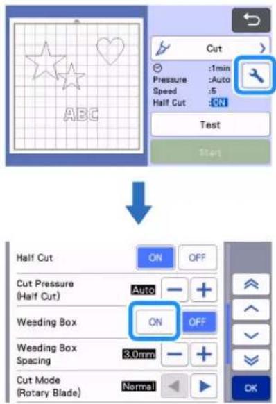 ABC Cut Pressure :1min Speed :Auto Half Cut :5 ON Test Start Half Cut ON OFF Cut Pressure (Half Cut) Auto + Weeding Box ON OFF Weeding Box Spacing 3.0mm - + Cut Mode (Rotary Blade) Normal OK
