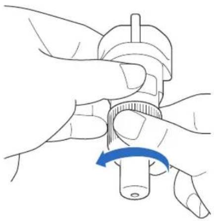 Line drawing of a hand holding a mechanical component with a blue arrow indicating rotation (no text or symbols)
